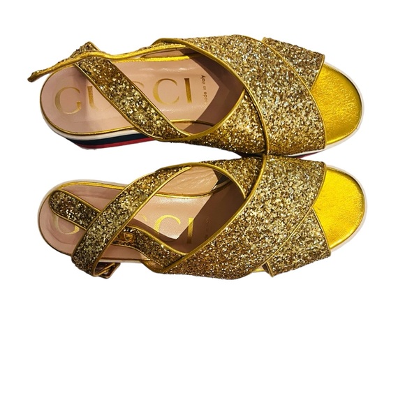 GUCCI Peggy Platform Sandals Gold Glitter. Size 37 - Picture 2 of 6